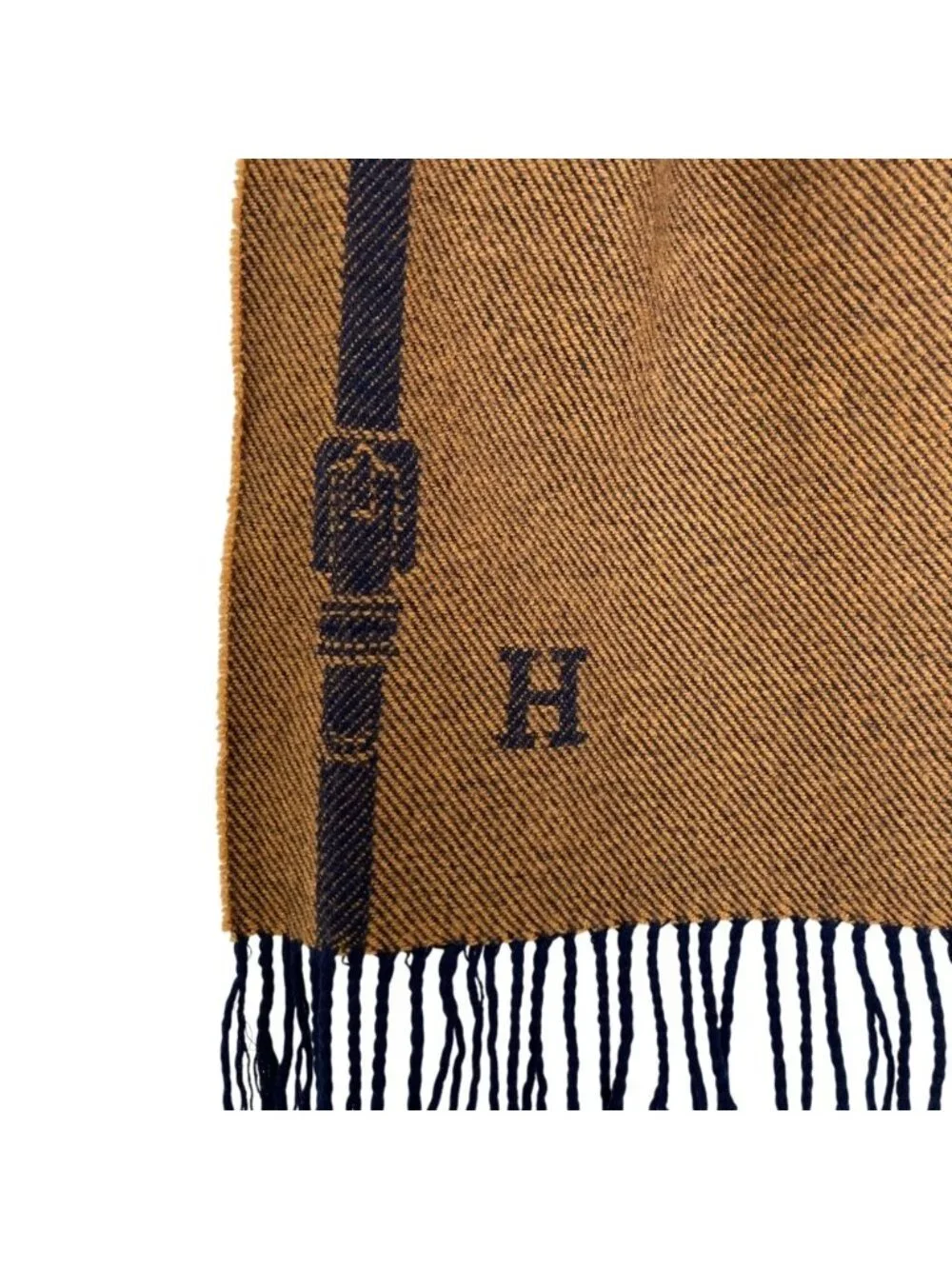 Hermes Vintage Cashmere Wool Reversible Fringe Scarf Navy Beige